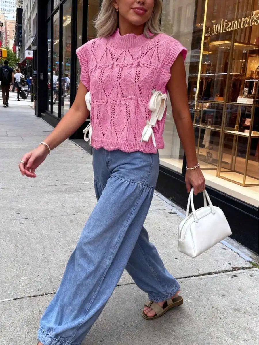 

Розовый вязаный жилет без рукавов с бантом, свободный крой, узорчатый топ, связанный крючком, для весны и лета