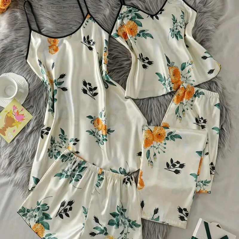 

Lady Print Flower Four Piece Pajamas Set Summer Sleepwear Silky Satin Nightwear Intimate Lingerie Casual Nightgown Home Clothes