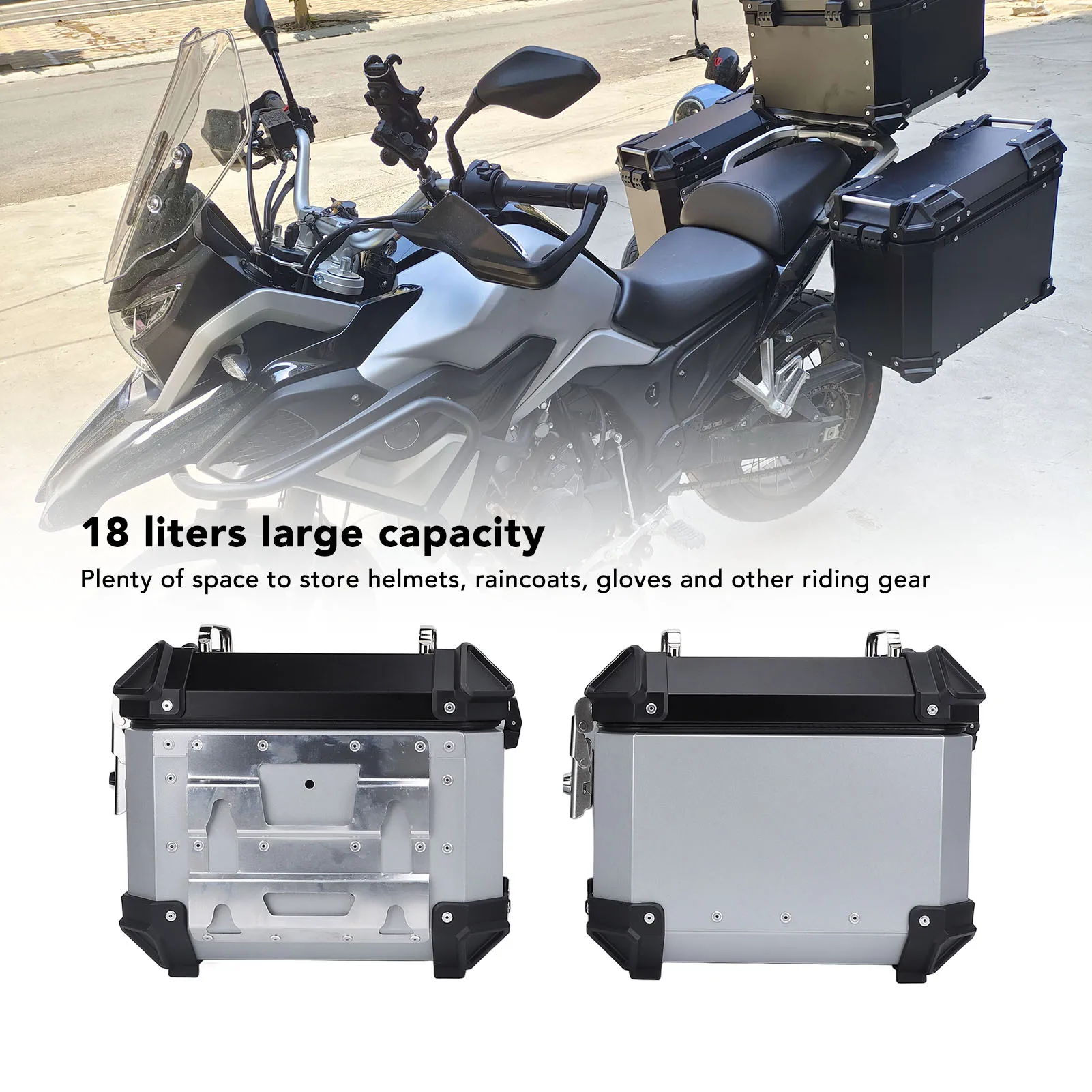2PCS 18L Motorcycle Side Case Aluminium Alloy Motorbike Hard Side Saddlebag Box with Safety Lock and Handle for Helmet Luggage