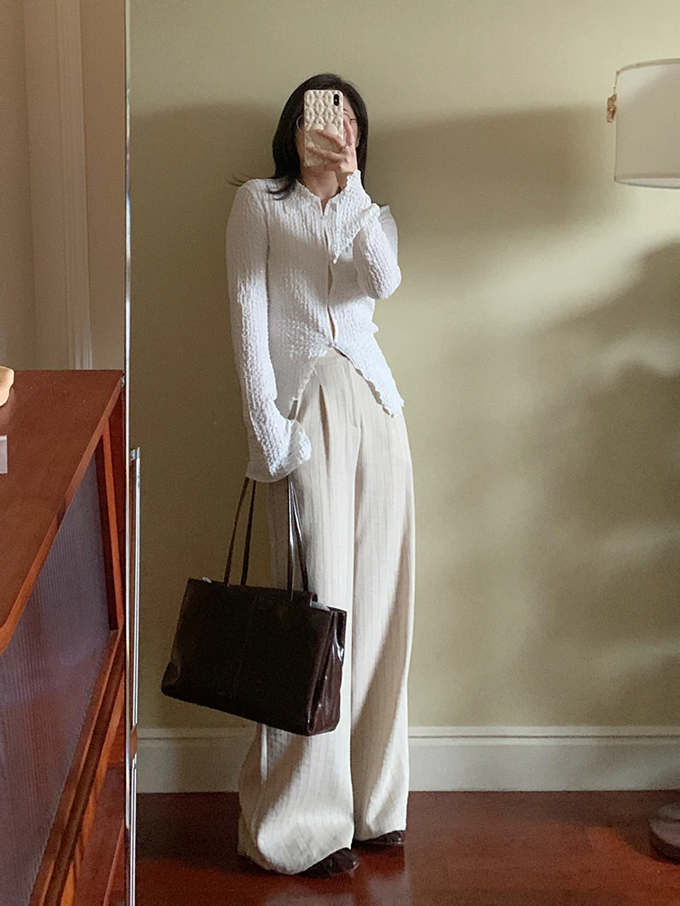 

Брюки Miranda Early Spring 2025: Модные повседневные льняные брюки с высокой талией, драпировкой, полосками и широкими штанинами прямого кроя