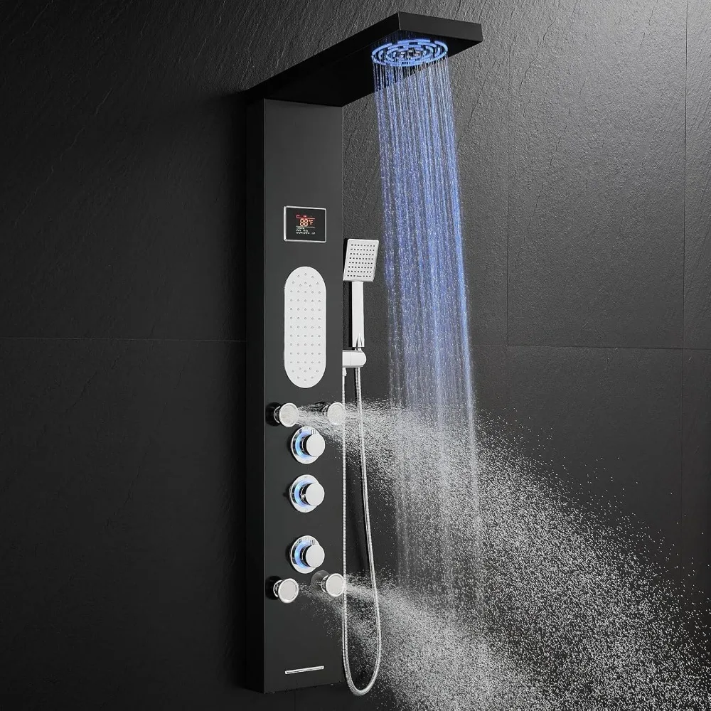 

ROVOGO LED Shower Panel with Rainfall Shower Head, Body Jets, Handheld Shower and Tub Spout, Battery-Free LED Lights
