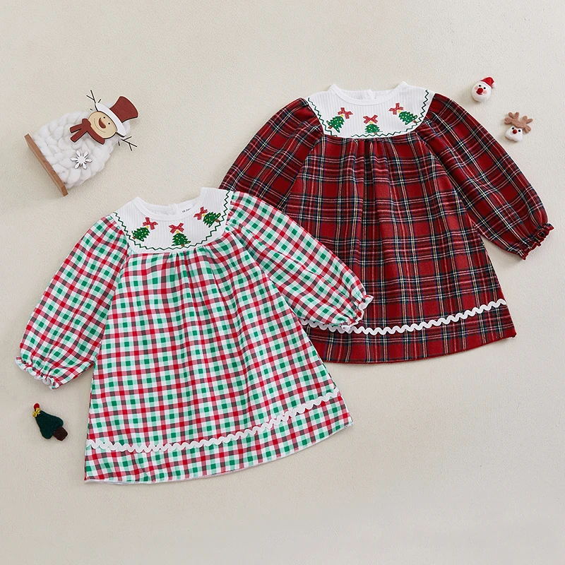 Toddler Girls Christmas Dress Plaid Santa Smocked Dresses My First Christmas Baby Girl Outfit Infant Smock Dress