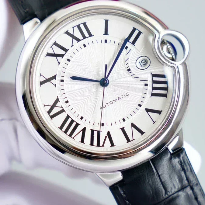 New Mens Automatic Mechanical Blue Watch 904L Stainless Steel Balloon Sapphire Leather Black Blue