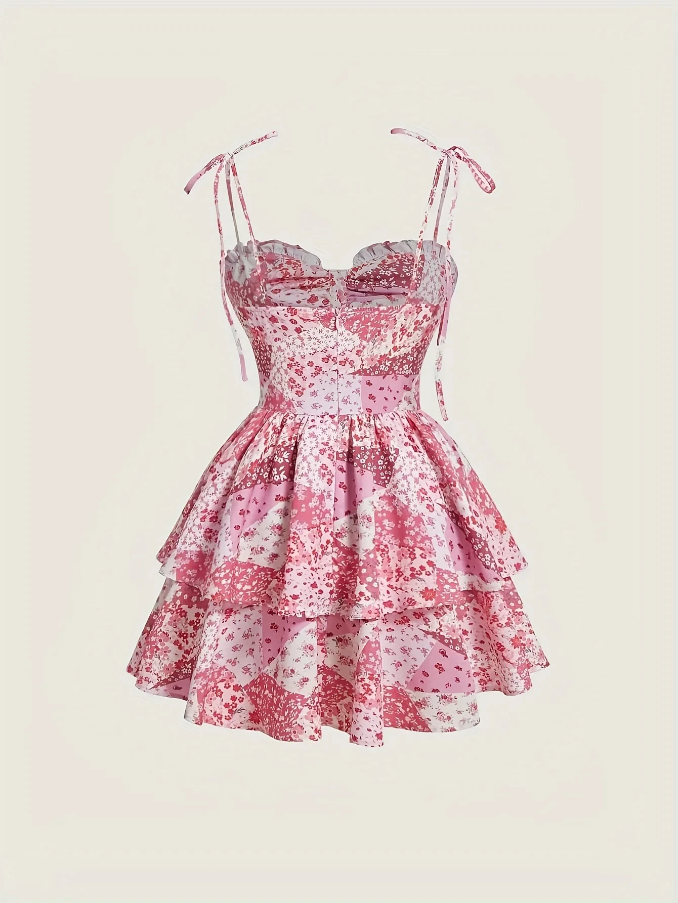 Women Spaghetti Floral Print Tiered Tie Slim Fit Short Dresses Summer Sleeveless Ruffle Smocked Mini Dress