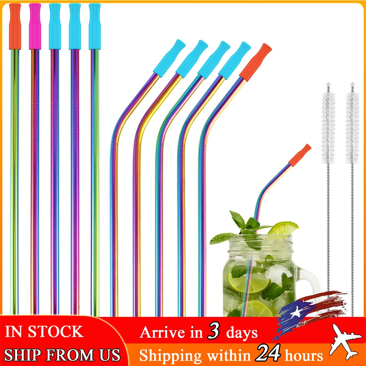 Stainless Steel Straws Reusable Drinking Straws Colorful Curved Straight Straws Metal Straws Fit for 16/20 oz Tumbler Cups