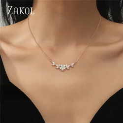 ZAKOL Fashion Cubic Zirconia Flower Pendant Necklace for Women Gold Color Charm Choker Bridal Wedding Party Jewelry