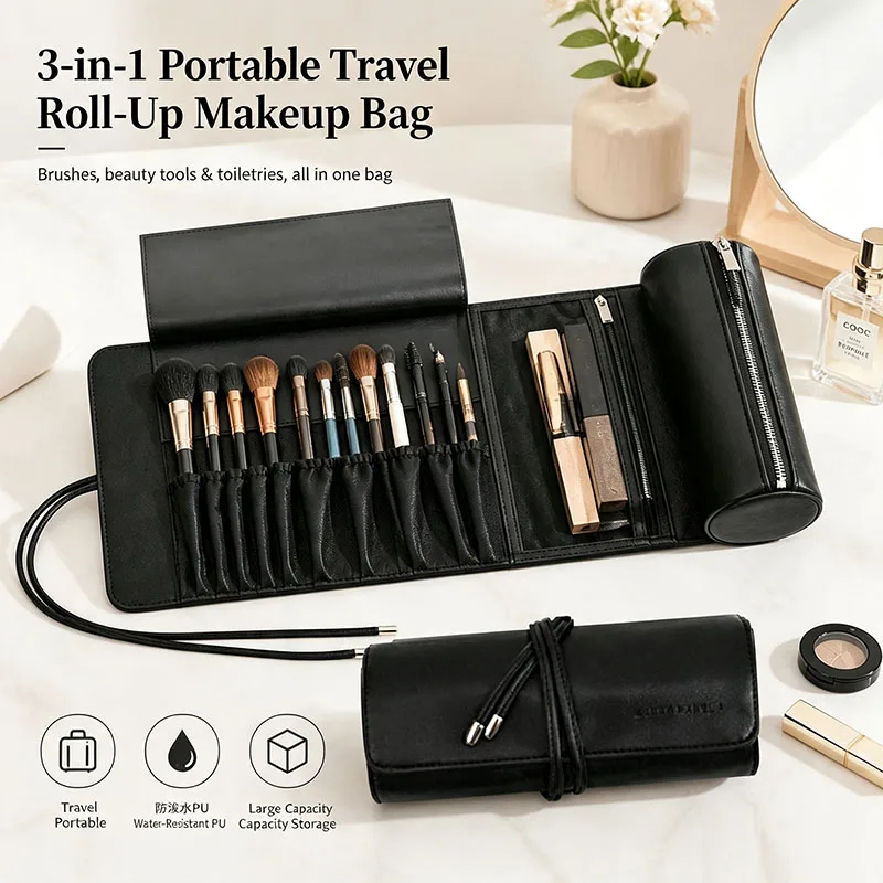 PU Leather Detachable Cylinder Makeup Brushes Storage Bag Roll Up Travel Cosmetic Tools Organizer Bag Beauty Tool Storage Case