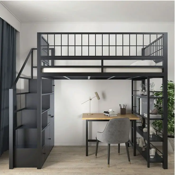 Minimalist Iron Loft Bed with Storage Space Saving High Sleeper Apartment Bunk Mezzanine Bedroom Furniture with Cabinet