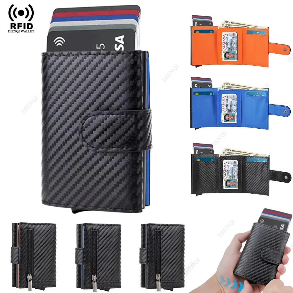 

Rfid Carbon Card Holder Microfiber Leather Wallets Pop Up Black Trifold Cardholder Aluminium Case Coin Purse Wallets for Men