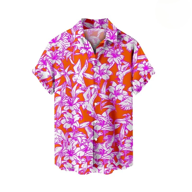 Men's Bright Purple Tropical Floral All Over Print Short Sleeve Lapel Shirt Summer Vacation Casual Daily Top