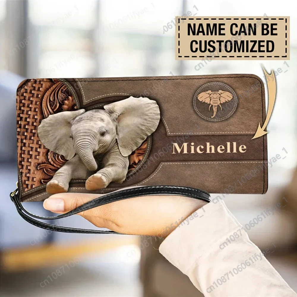

Designer Luxury PU Leather Purse with Zipper Cute Elephant Print Long Women Clutch WalletS Portable Female Card Holder Coin Bags