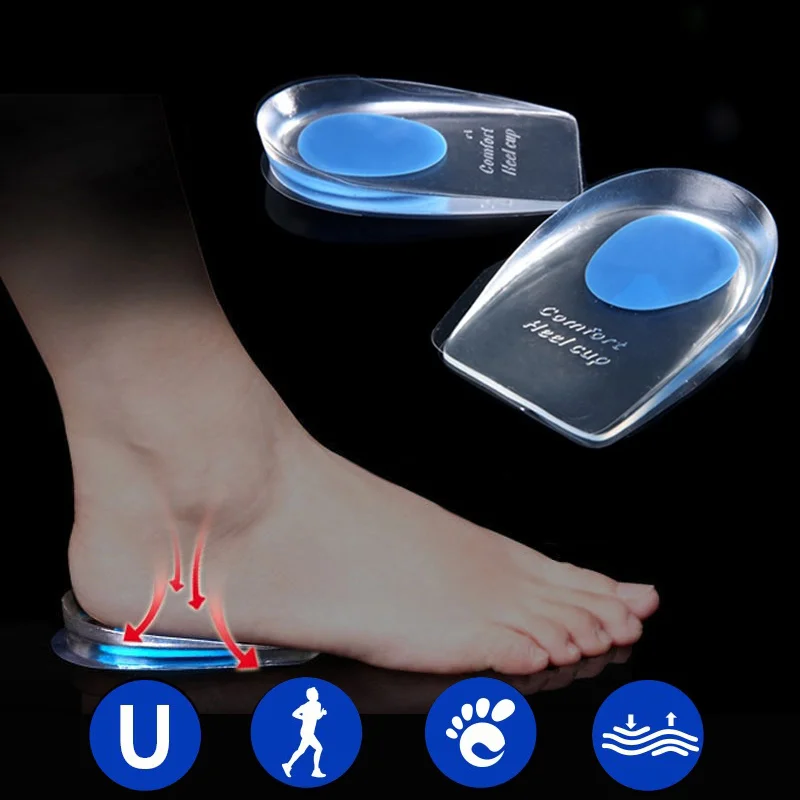 Soft Silicone Gel Insoles for Heel Spurs Plantar Fasciitis Pain Relief Heel Cups Cushion Foot Massager Height Increase Insole