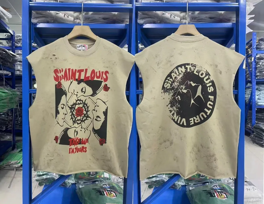 Saint Mens Distressed mouwloos vintage print T-shirt streetwear mode losvallend casual T-shirt
