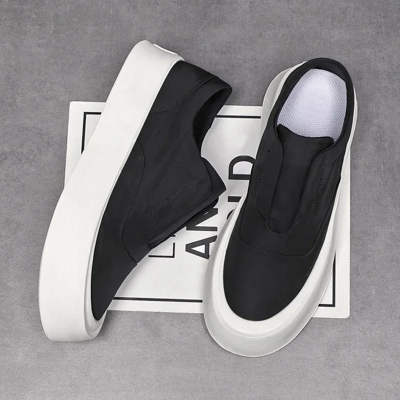 Men Trendy Canvas Shoes Casual Thick Bottom Sneakers Round Toe Solid Colour Slip on Loafers Zapatillas Deportivas Hombre