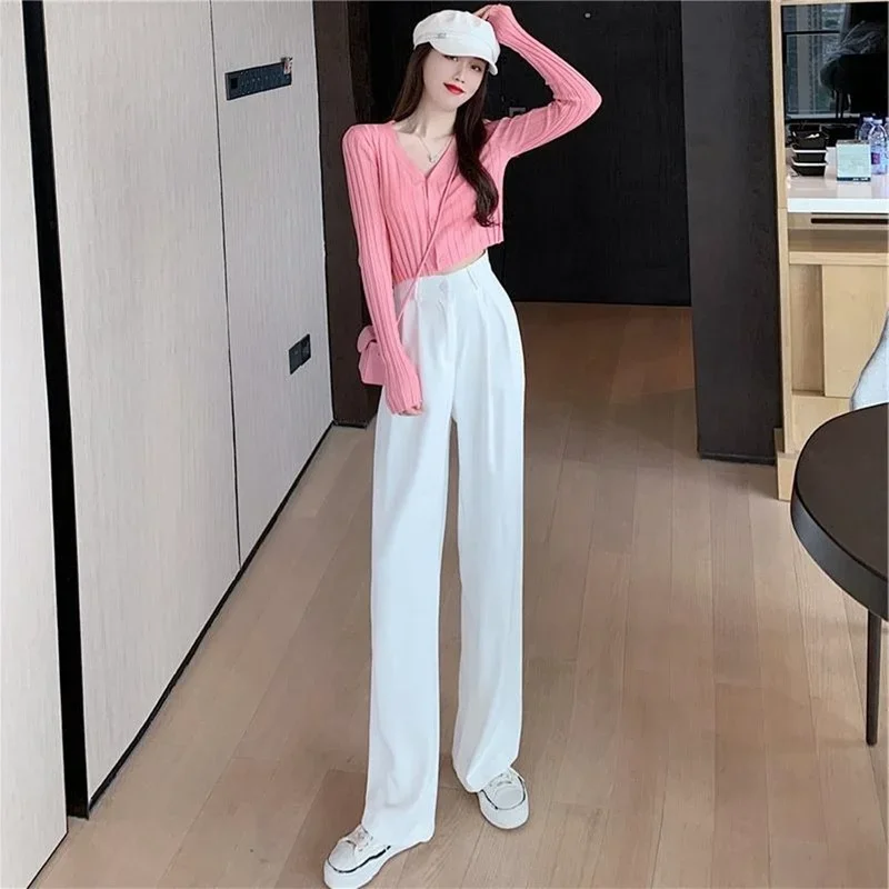 

Clothing Work Buttons Straight Leg Tailoring Black Women's Pants Office White High Waist Trousers for Woman Cotton Nylon 90s G