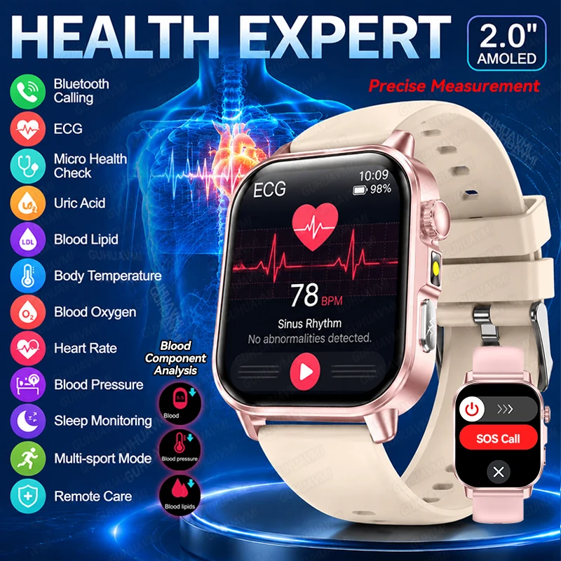 Health Measurement Blood Component Analysis SmartWatch Women Blood Oxygen Uric Acid ECG Body Blood Pressure Bluetooth Call Watch