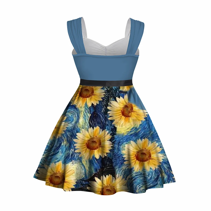 Vestido de verano con estampado de girasol para mujer, minivestido renacentista con botones, busto fruncido, cinturón sin mangas, 2024