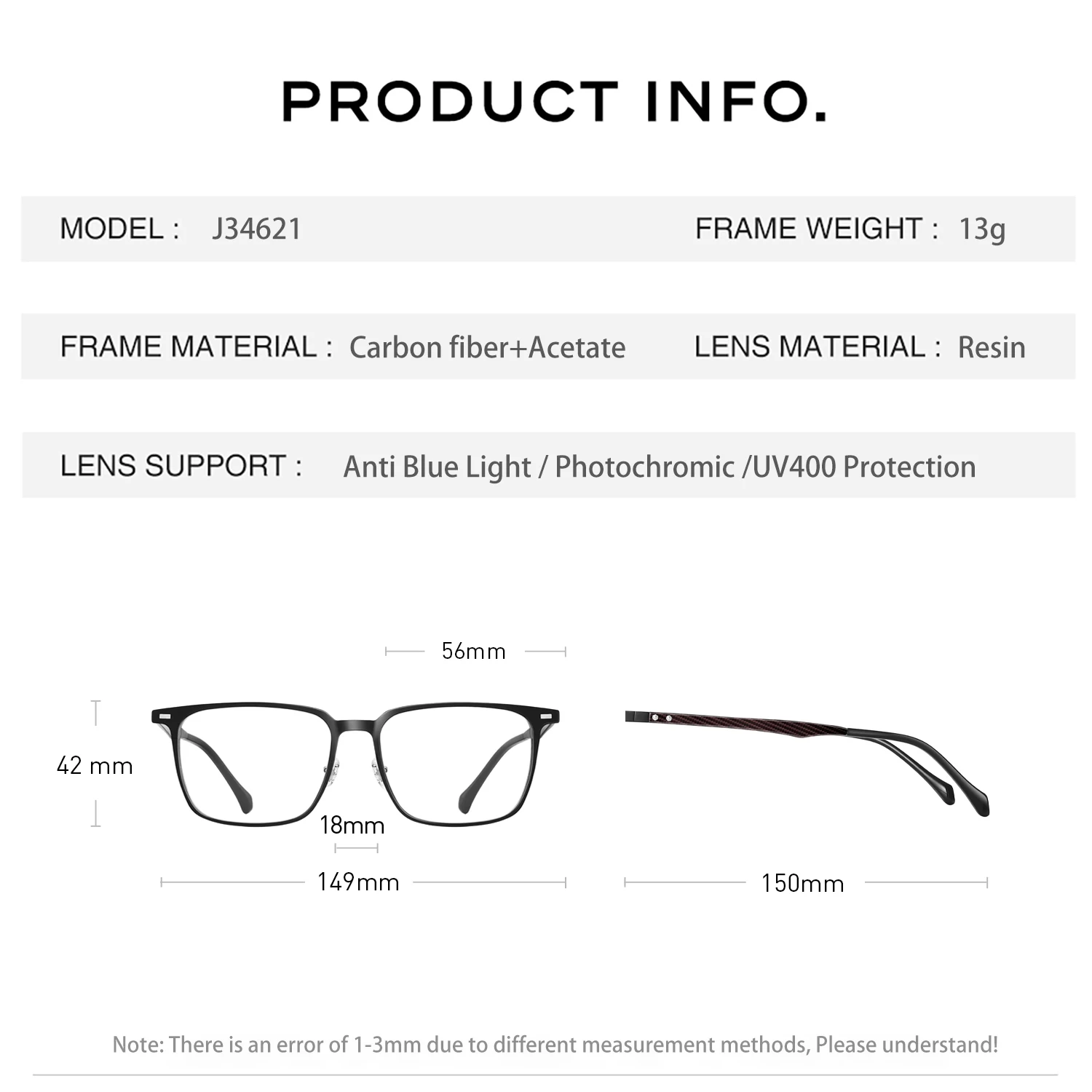 CAPONI ألياف الكربون الرجال النظارات النمط الكلاسيكي نظارات بمادة الخلات الإطار الضوء الأصلي مكافحة بلو راي UV400 النظارات السوداء J34621 #6