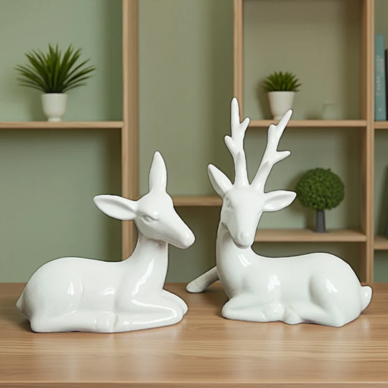 Ceramic White Deer Ornaments Fairy Garden Home Decoration Glazed Porcelain Figurines Mini Male and Female Deers for Lovers