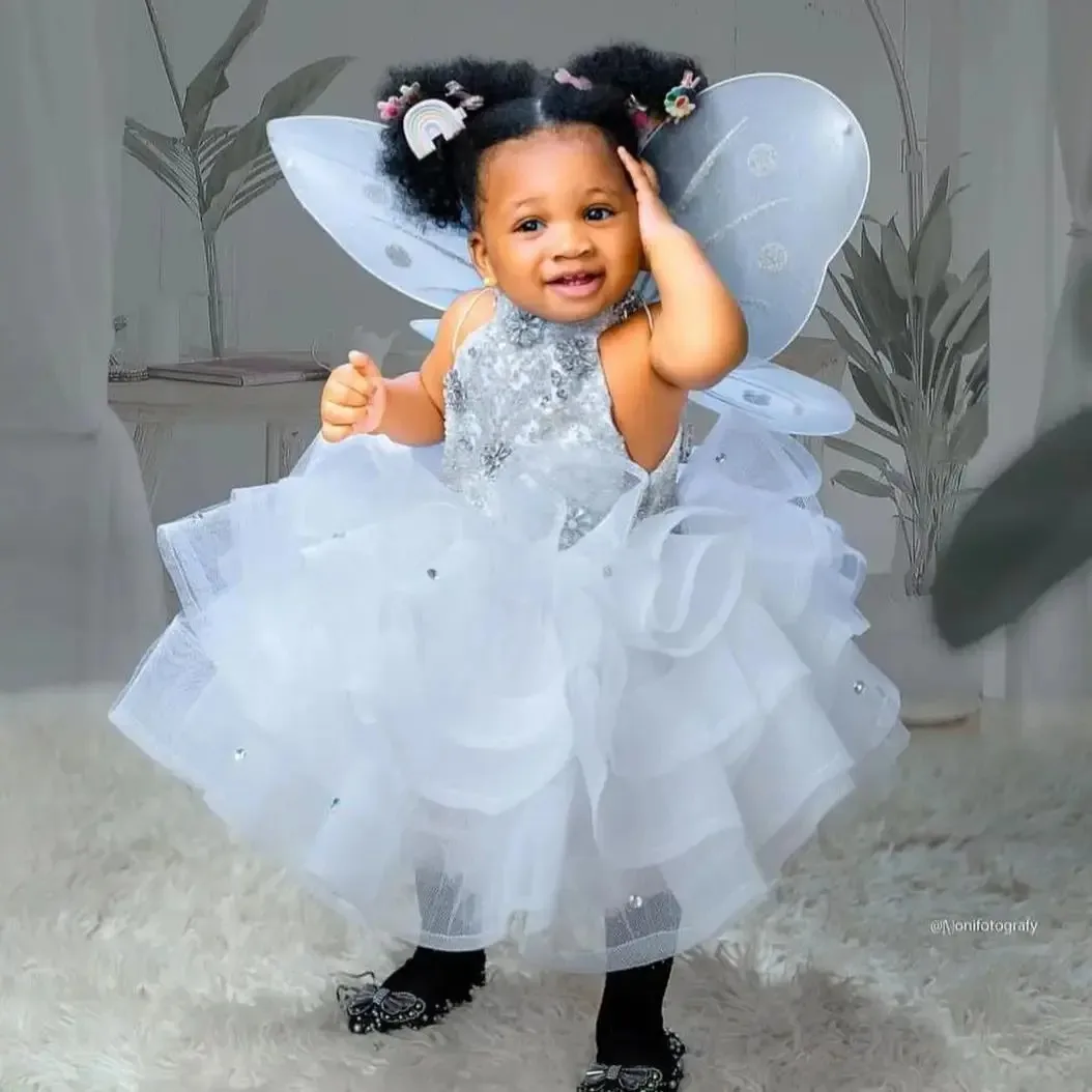 White Flower Girl Dress Tulle Beaded Ruffles Knee Length Baby Princess Party Gown Fairy Kids Dance First Communion Dress