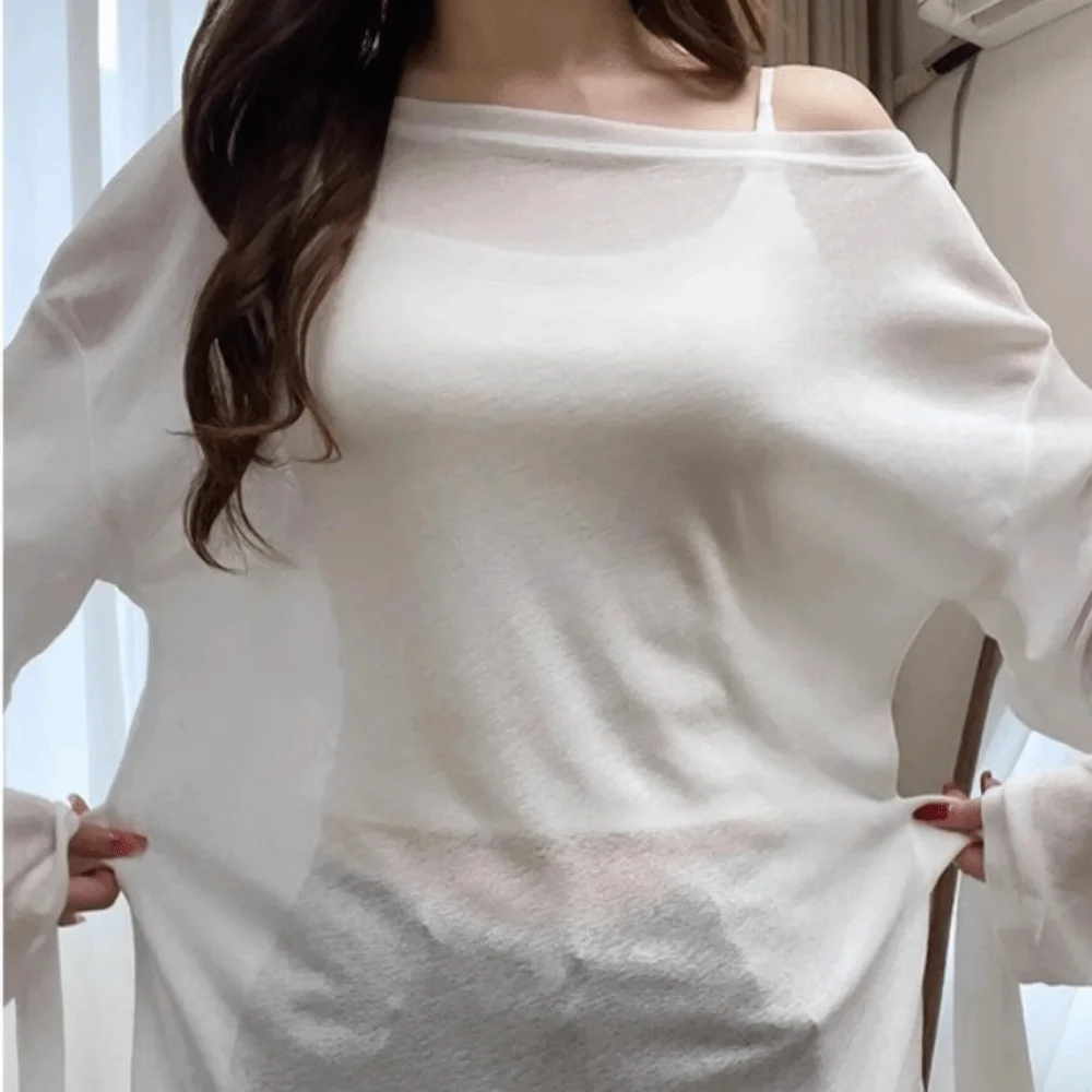Koreanischer Stil, transparentes Langarm-T-Shirt, schulterfrei, locker geschnittenes, durchsichtiges Oberteil, hinten gebunden, Oversize-T-Shirt, lässig für den Alltag. – Detail 4