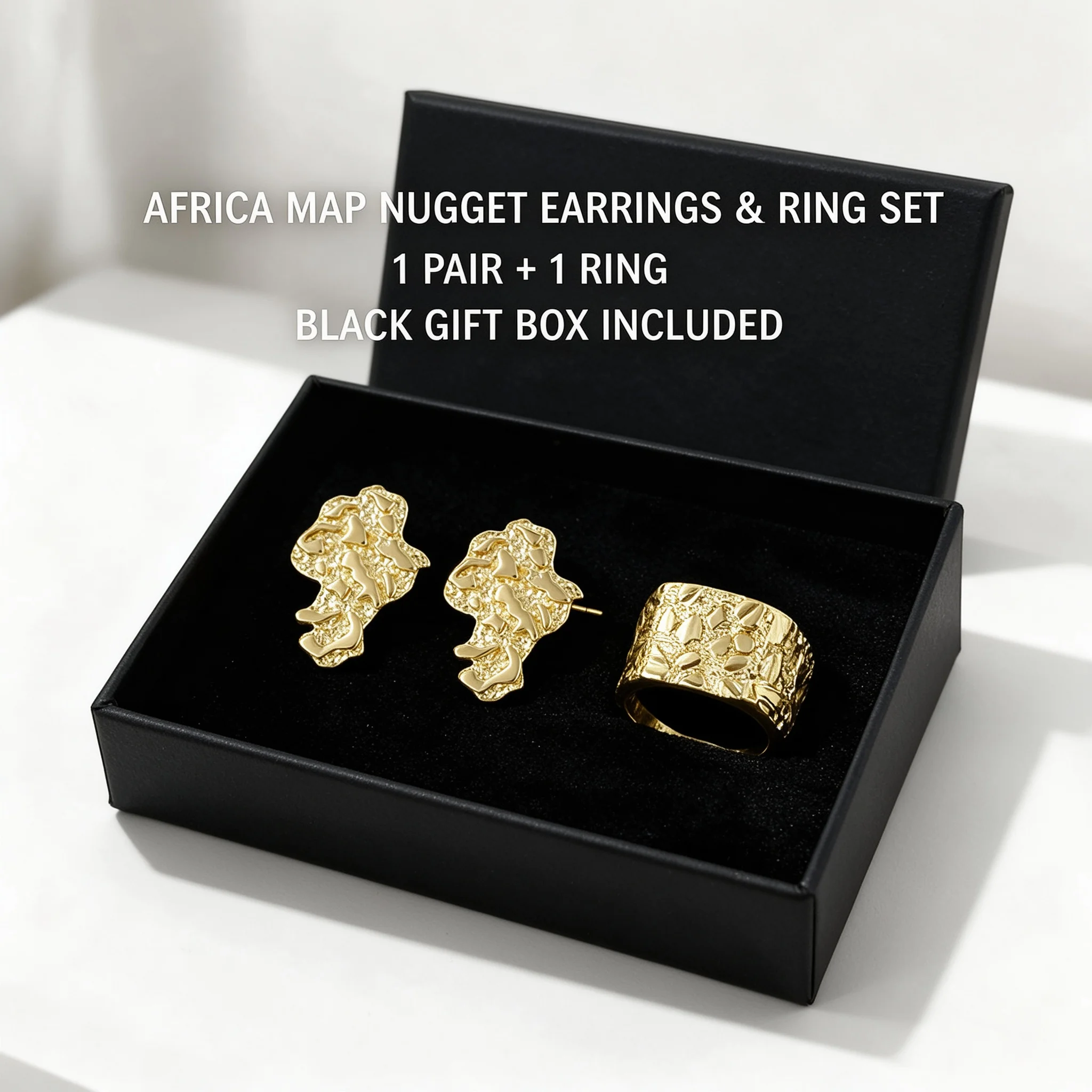 Unisex Africa Map Design Nugget Earrings And Ring Set Hip Hop Rap Style 14K Gold Plated Dancing And Singing Theme Jewelry for Me