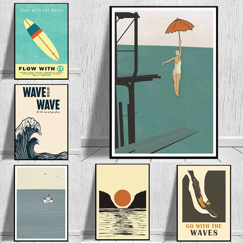 Vintage Surfing Beach Poster Abstract Female Diver Canvas Painting Swimming Pool Wall Art Picture for Living Room Home Decor