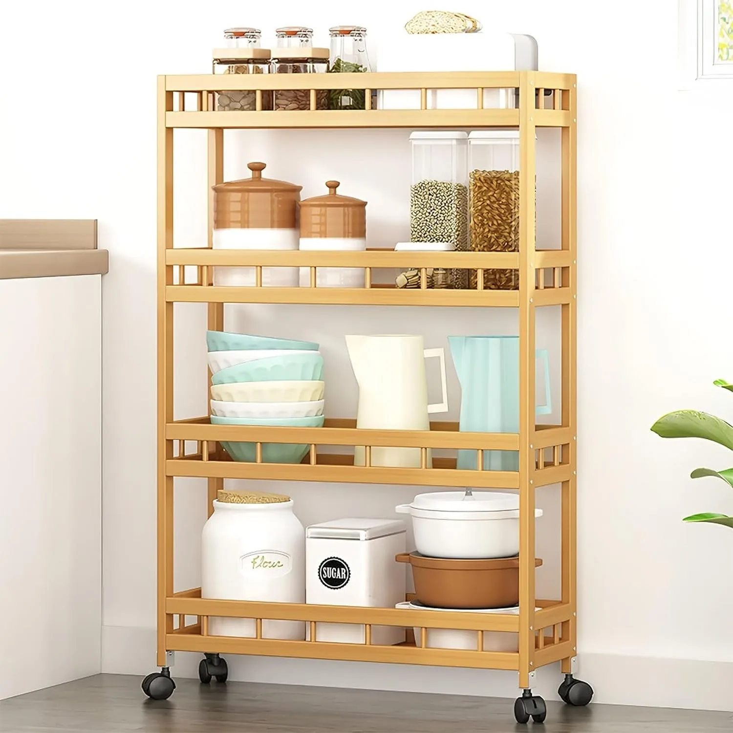 

4-layer ultra-thin narrow kitchen trolley with wheels, 7.1-inch wide bamboo storage rack