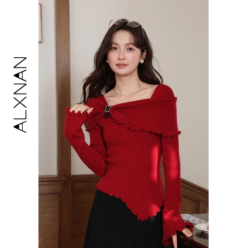 

ALXNAN Women's Red Long Sleeve Pullover Irregular Stylish 2025 Fall Winter Sweater Elegant Slim-fit Sweet Knit Top Female L59762