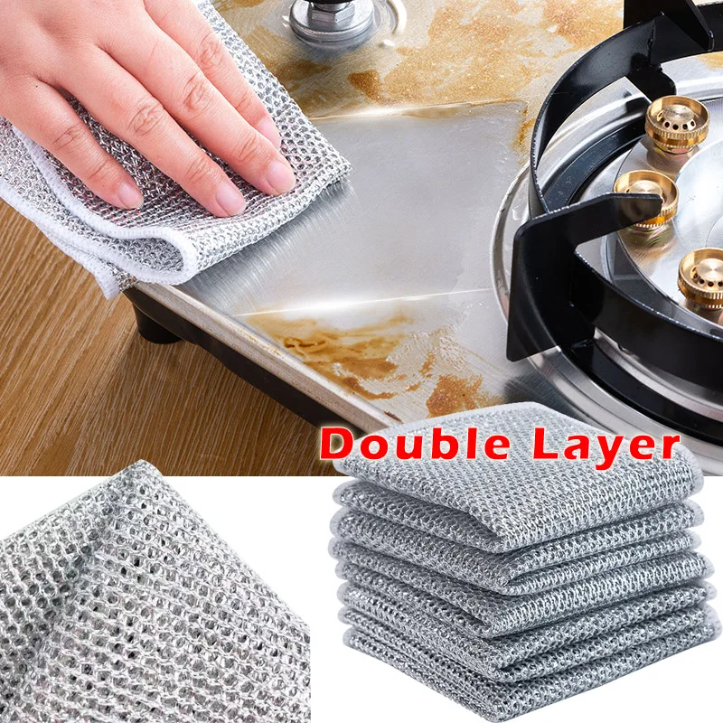 

Double Layer Silver Cleaning Cloth Magic Dish Towel Reusable Non Stick Oil Dishcloth Pot Rust Removal Replace Steel Wire Balls