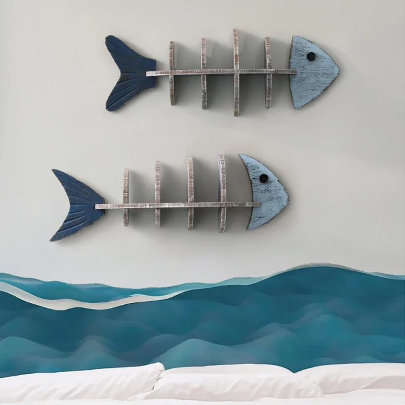 Fish skeleton wooden baffle fish-shaped creative shelf Mediterranean decorative shelf wall wall decoration home accessories