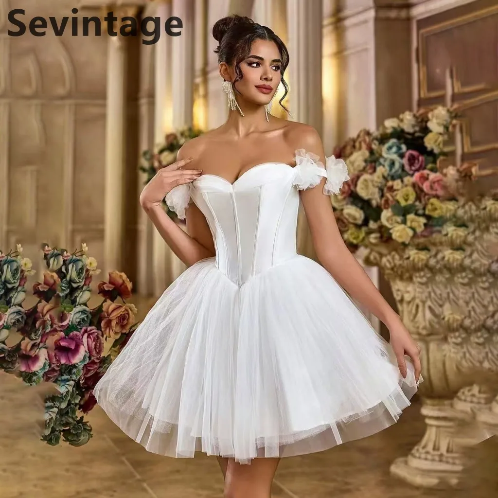 Sevintage 2025 Ivory Satin Tulle Off Shoulder Short Wedding Dress Ball Gown Mini Bridal Gowns Customized Vestidos De Novia