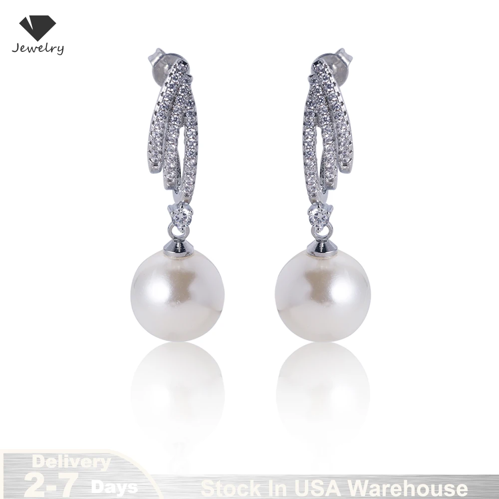

Bright Zircon Imitation Pearl Pendant Earrings for Women 925 Sterling Silver Elegant Engagement Wedding Jewelry Gift Accessories