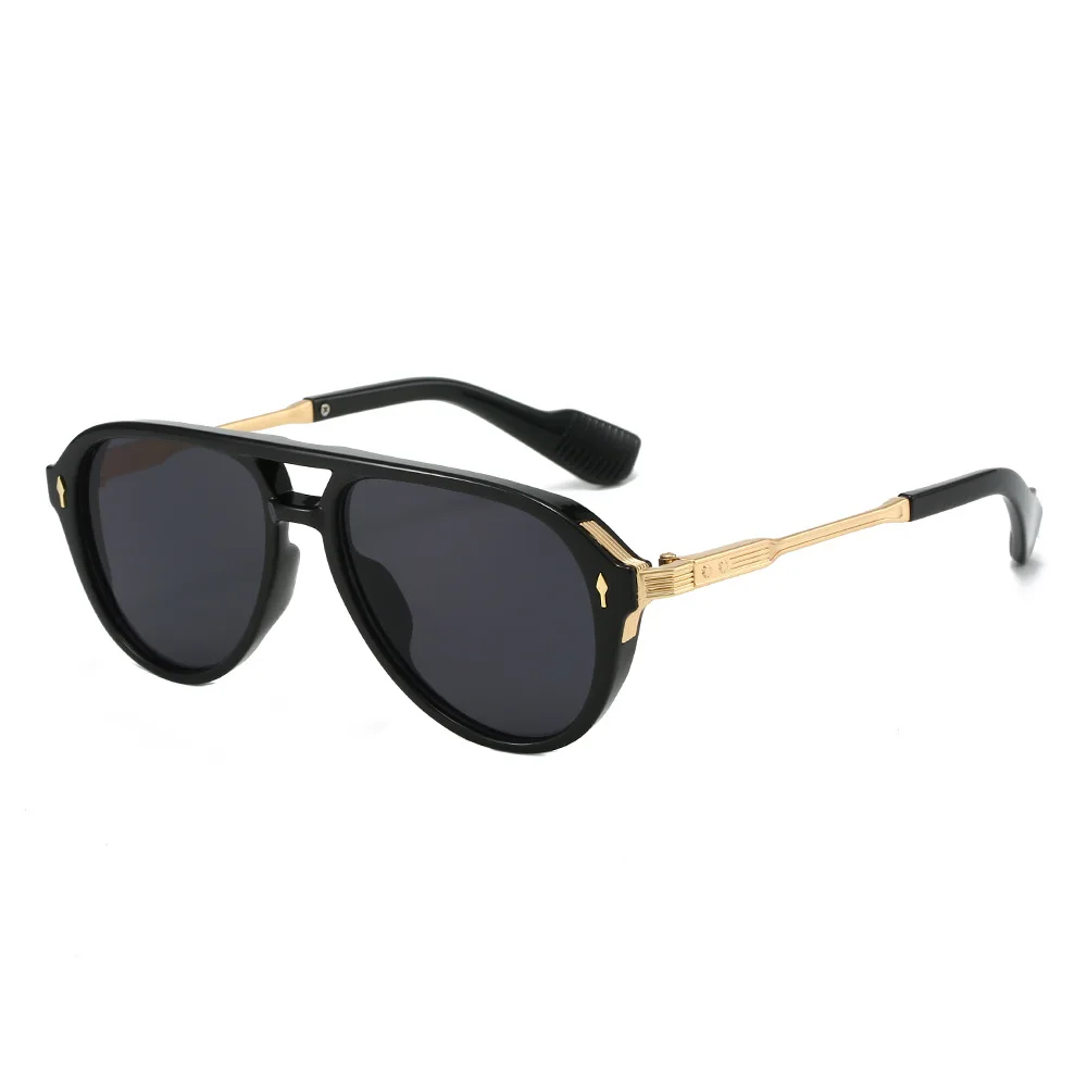 Trendy Gold-Plastic Mixed Sunglasses for Women & Men - Double Bridge Frog Style Shades for Outdoor Driving & Sun Protection