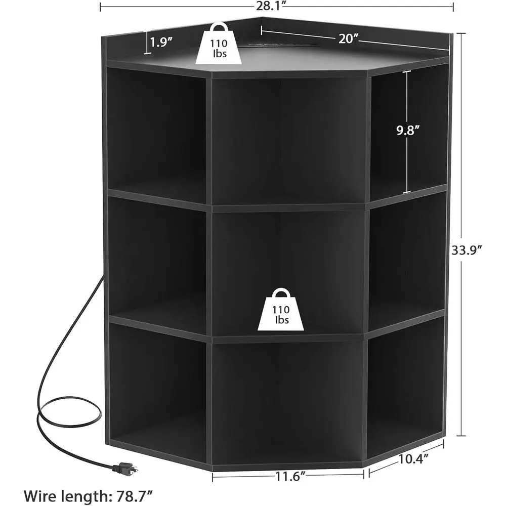 Черный угловой шкаф для хранения с USB-портами и розетками, компактный угловой органайзер-куб, деревянная книжная полка с 9 кубами для Playroo