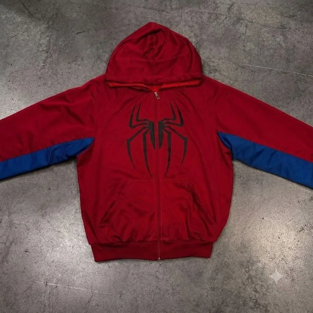 Unisex Fashion Cosplay Hooded Jacket Red Blue Colorblock Spider Pattern Hoodie Casual Y2K Streetwear Long Sleeve Sweatshirt Top
