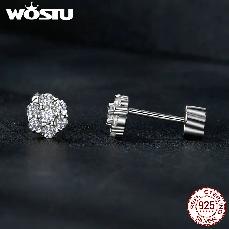 WOSTU 925 Sterling Silver Moissanite Flower Stud Earrings For WOmen 7 Stones Women Engagement Earring For Party Wedding Gift