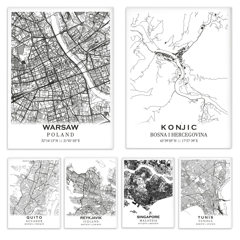 Konjic, Ecuador, Jajce, Mecca, Novi Sad, Denmark, Iceland, Paris, China, Warsaw, Poland, Abuja, Japan, Bratislava map poster