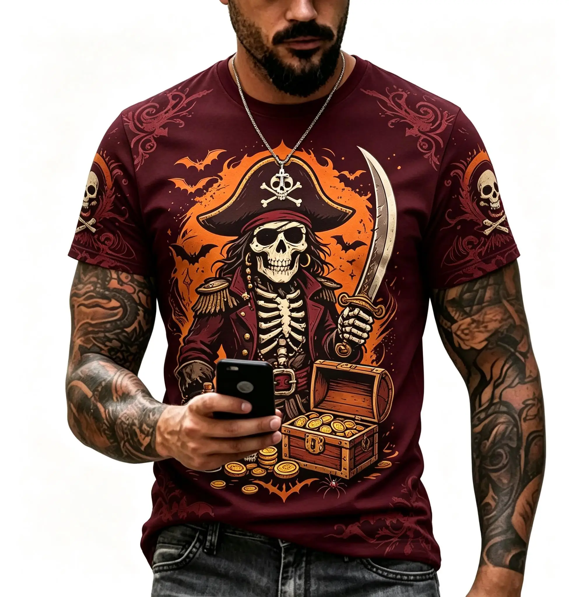 Men Crew Neck Short Sleeve T-shirt, Burgundy Skeleton Pirate Captain Treasure Chest Gold Coin Bat Print Casual Top