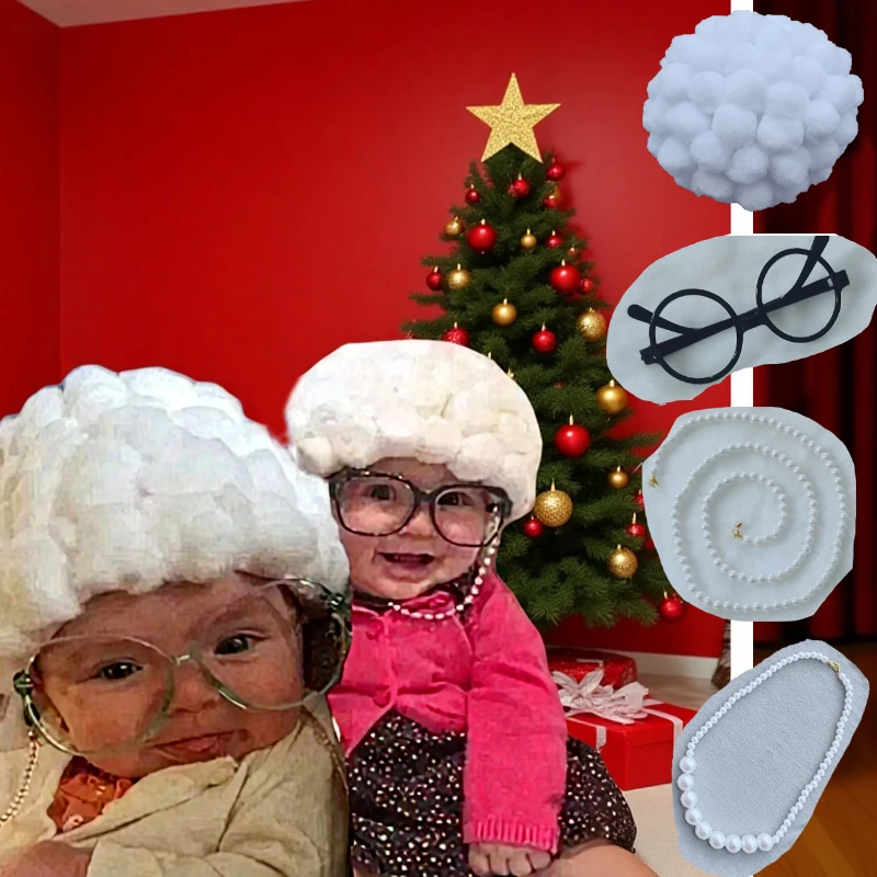 Granny Style Baby Wig Set - Curly Hair Cap with Glasses & Pearl Necklace - Complete 4-Piece Photo Prop for Newborns