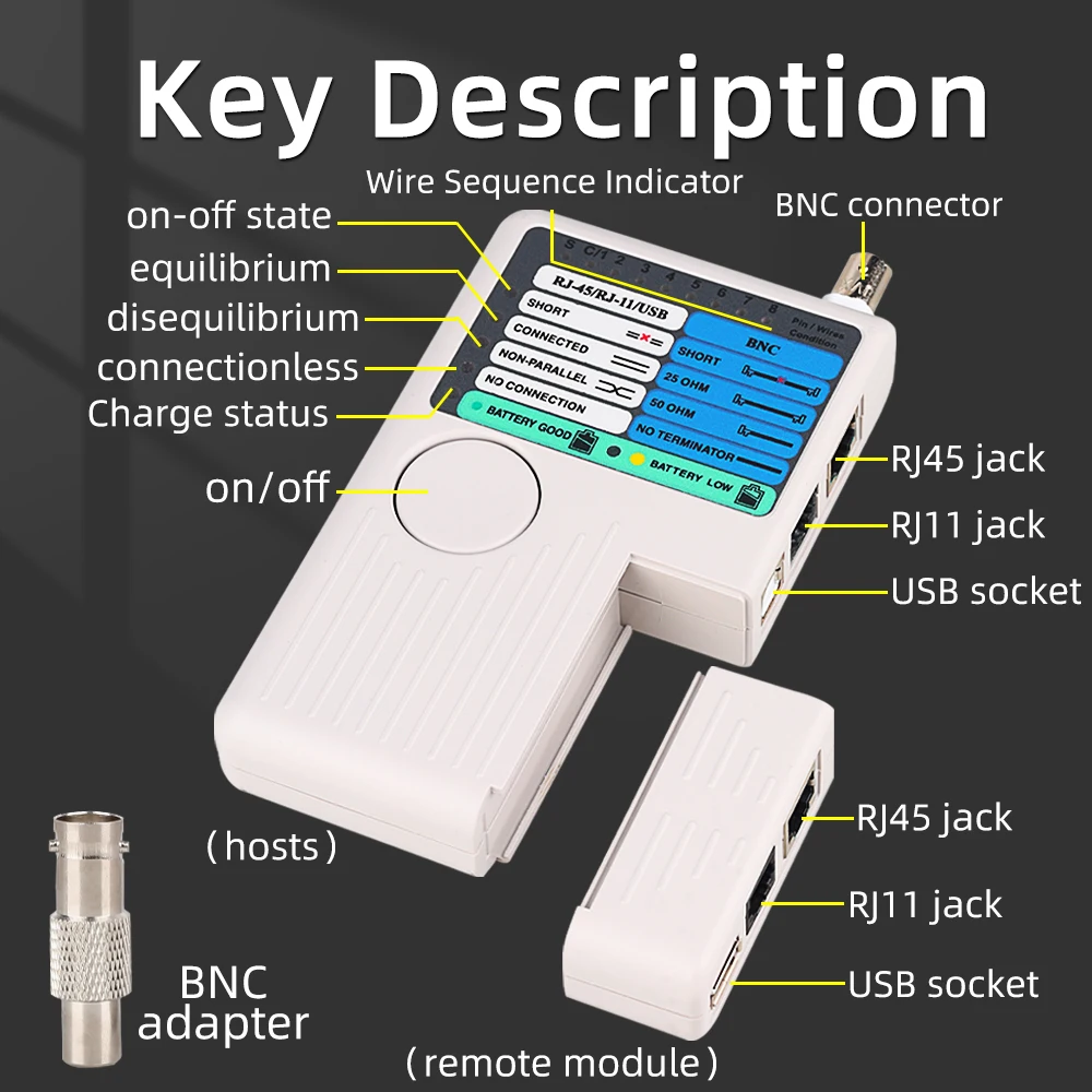 Profissional Multi Função de Rede Cable Tester, Fio Tester, RJ45, RJ11, USB, BNC, LAN, Cat5, Cat6, 4 em 1