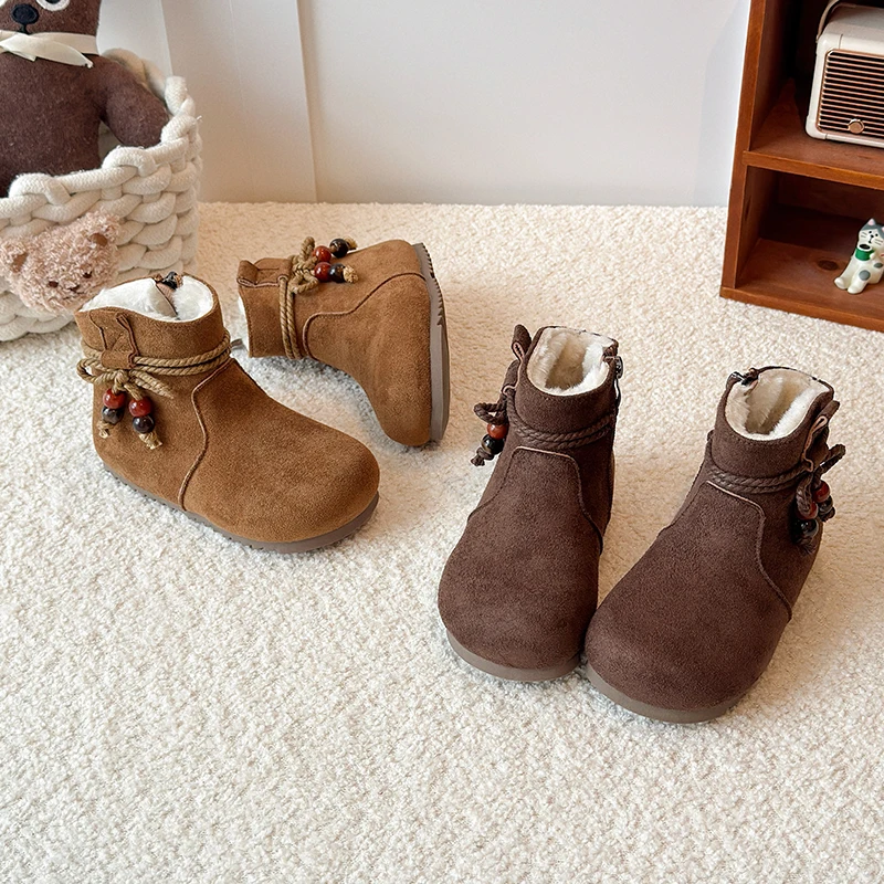 

Children's Snow Boot Warmth Winter Girls Retro Ankle Boots Solid Color National Style Kids Fashion Princess Plush Boot Round-toe