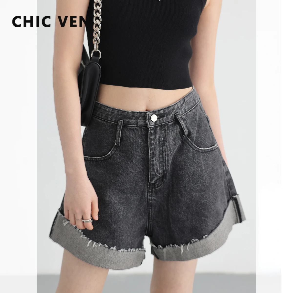 

CHIC VEN Women Denim Shorts New Vintage Loose Curled High Waist Short Jeans Casual Female Wide Leg Pants 2023 Summer