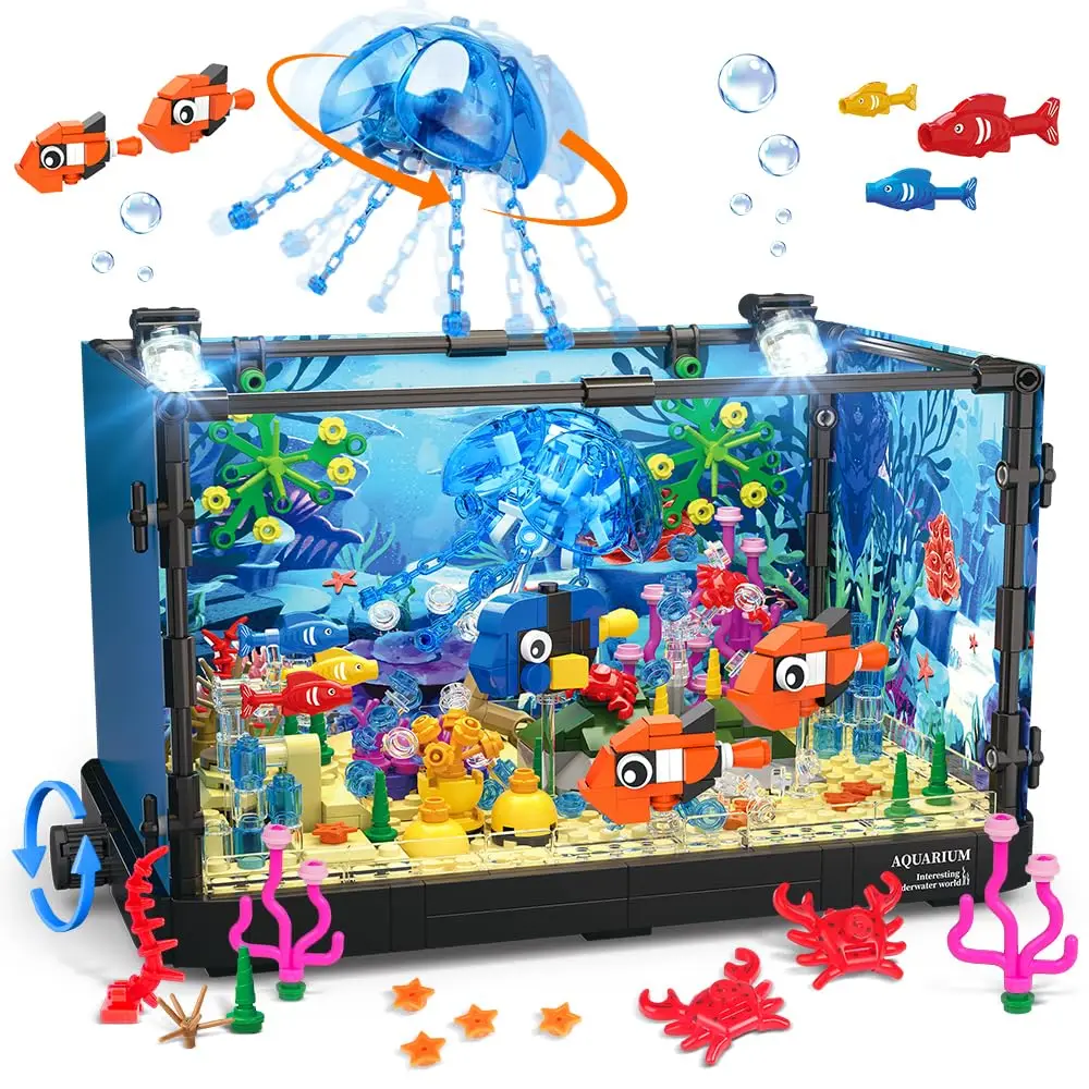 

Fish Tank Building Blocks, Light-Up Aquarium Building Set, with Movable Jellyfish Fish, Creative STEM Toy for Kids Adults 12+