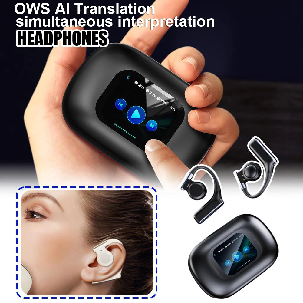 Bluetooth 5.4 Intelligent AI Translation Earphones Ear Hanging LCD Touch Screen Wireless Simultaneous Interpretation Headset