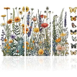 3Pcs Wildflowers Furniture Transfer 6x12inch Butterflies and Flowers Rub on Transfer Self-Adhesive Wall Art Decals for Bedroom