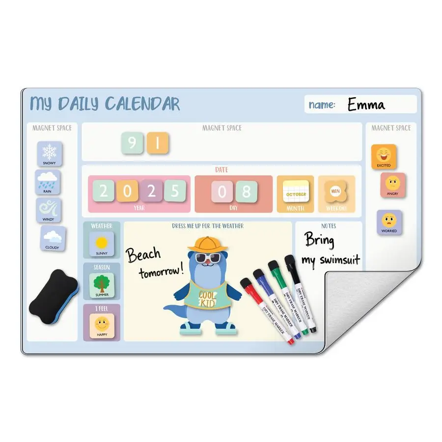 

Whiteboard Calendar Dry Erase, 26 x 17 Adhesive Whiteboard for Wall with Funny Magnetic Deco, Educational Calendar Set for Stude