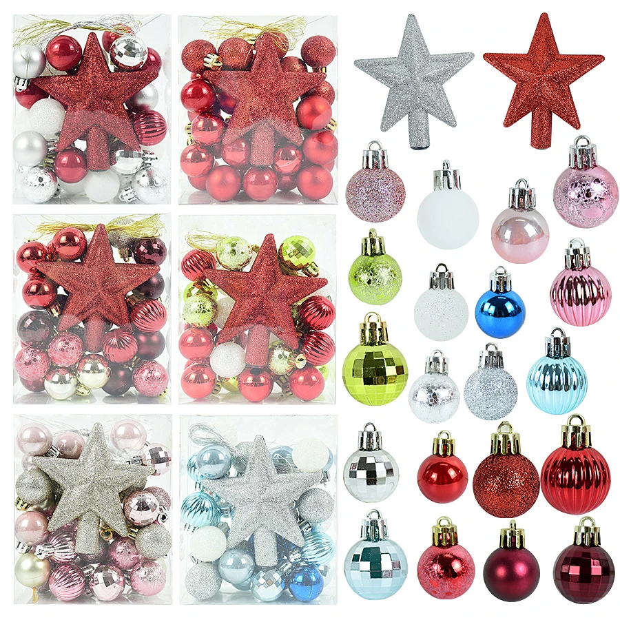 Glitter Christmas Balls Set with Tree Topper Star Assorted Shatterproof Plastic Xmas Ornaments Xmas Hanging Baubles Home Decor