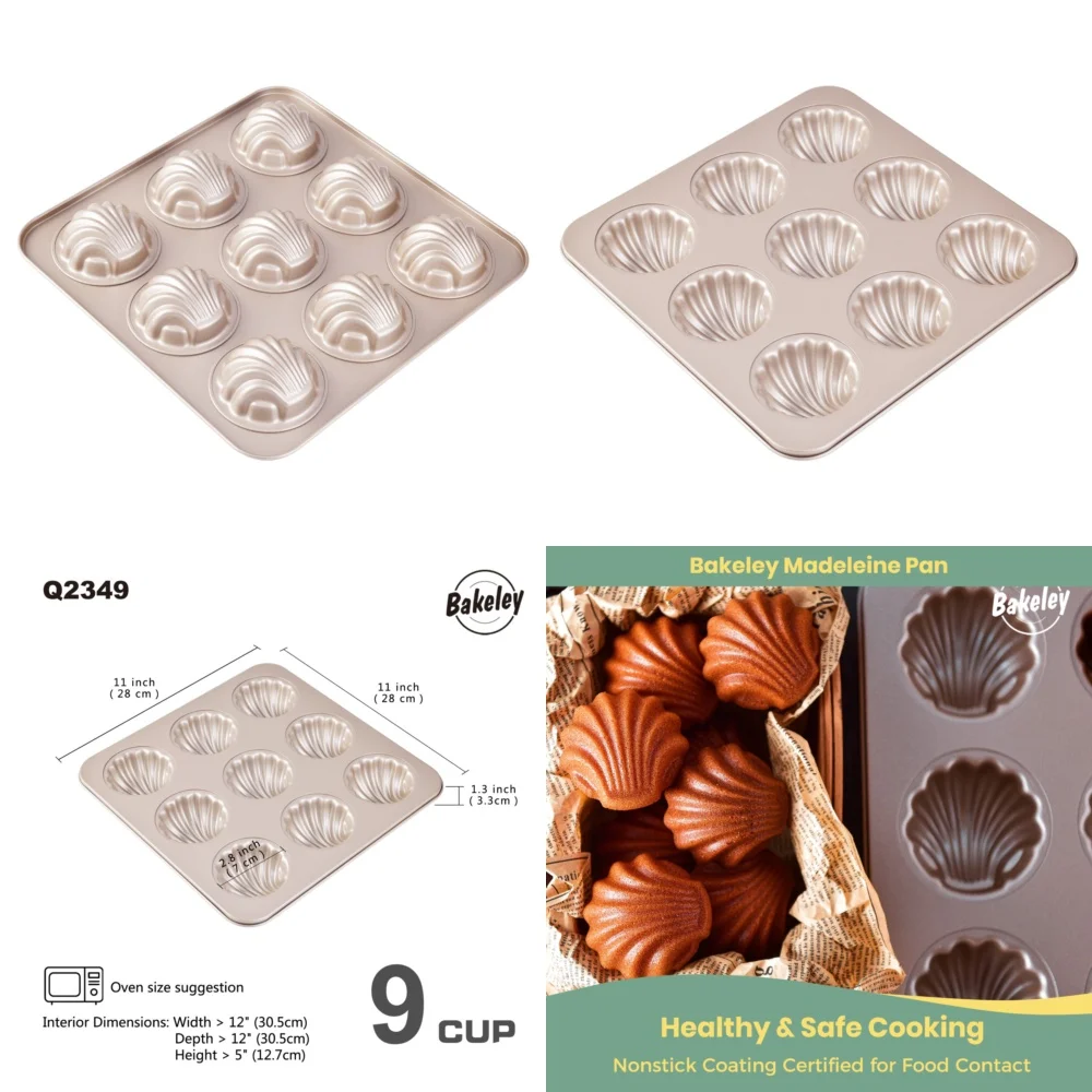 

9 Cavity Non Stick Cake Pan for Baking Muffins Cupcakes Madeleine Bakeware Set Champagne Gold Finish Easy Release Perfect