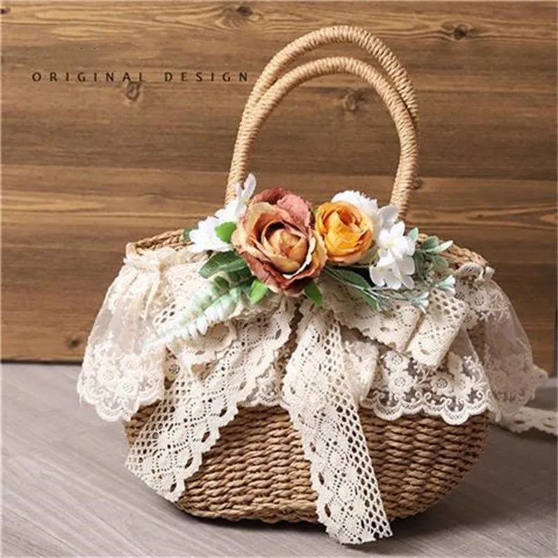 Sweet Cute Women Lolita Handbag Woven Straw Handmade Lace Flower Lady Soft Girl Pastoral Style Beach Bag Lolita Accessories